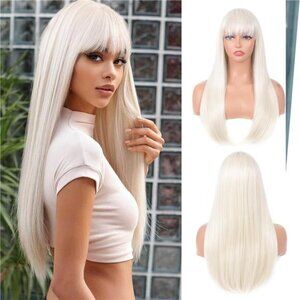 Platinum blonde Wig with Bangs for Women – Long Straight Heat Resistant